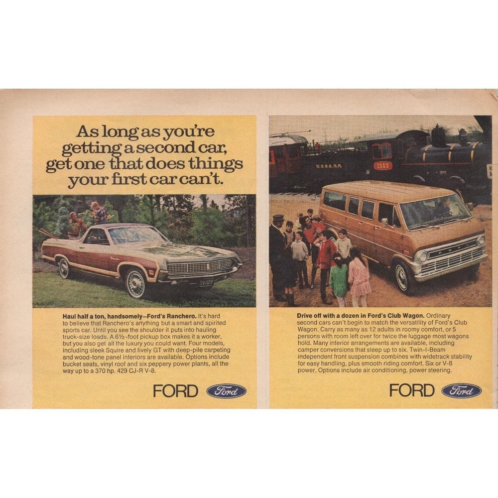 Ford Ranchero & Club Wagon Second Car Versatility Vintage Magazine Print Ad 1971